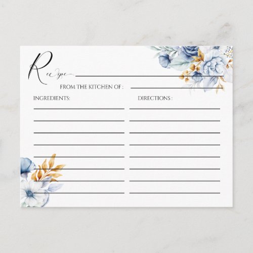 Dusty Blue White Gold Floral Wedding Recipe Postcard