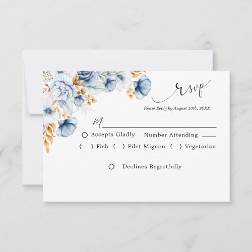Dusty Blue White Gold Floral Wedding  RSVP Card