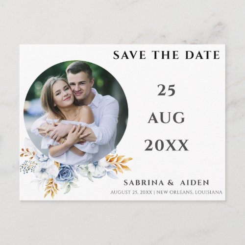 Dusty Blue White Gold Floral Wedding Save The Date Postcard