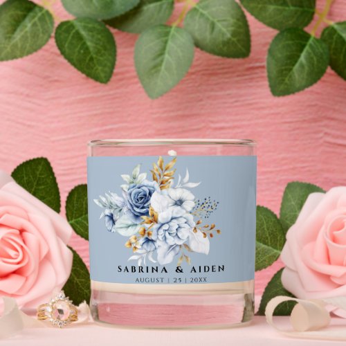 Dusty Blue White Gold Floral Wedding  Scented Candle