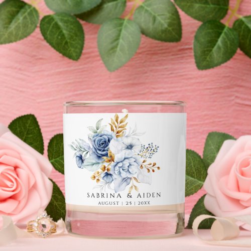 Dusty Blue White Gold Floral Wedding  Scented Candle