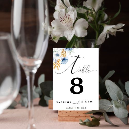 Dusty Blue White Gold Floral Wedding Table Number Table Tent Sign