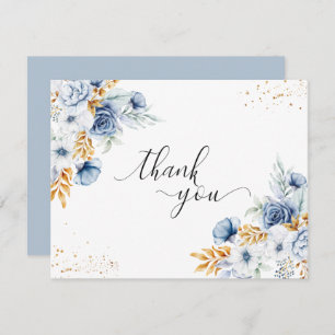 Dusty Blue White Gold Floral Wedding Thank You Card