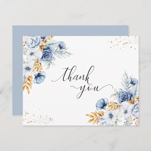 Dusty Blue White Gold Floral Wedding Thank You Card