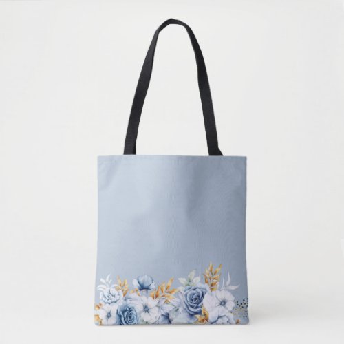 Dusty Blue White Gold Floral Wedding Tote Bag