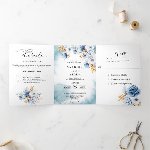 Dusty Blue White Gold Floral Wedding  Tri_Fold Announcement