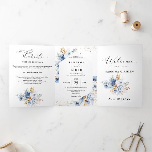 Dusty Blue White Gold Floral Wedding  Tri_Fold Announcement