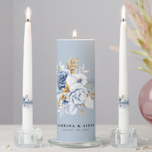 Dusty Blue White Gold Floral Wedding  Unity Candle Set (In Situ)