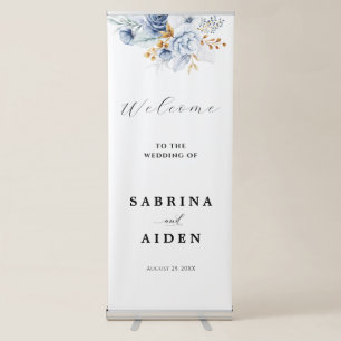 Dusty Blue White Gold Floral Wedding Welcome Retractable Banner