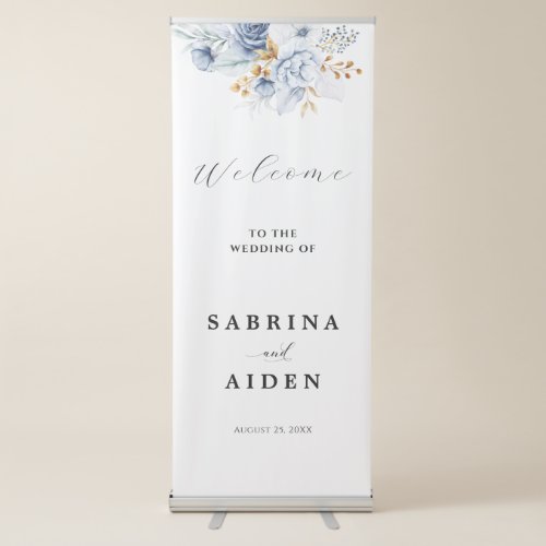 Dusty Blue White Gold Floral Wedding Welcome Retractable Banner