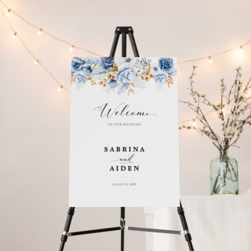 Dusty Blue White Gold Floral Wedding Welcome Sign
