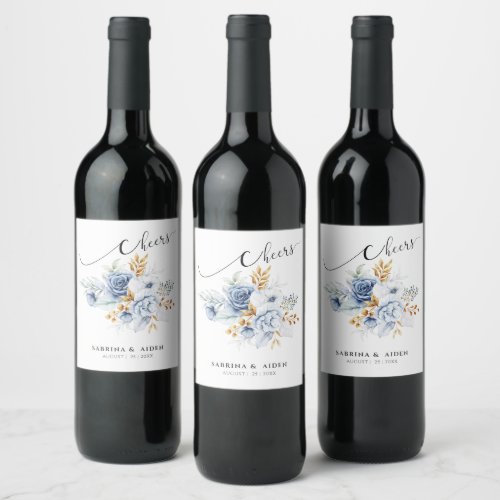 Dusty Blue White Gold Floral Wedding  Wine Label