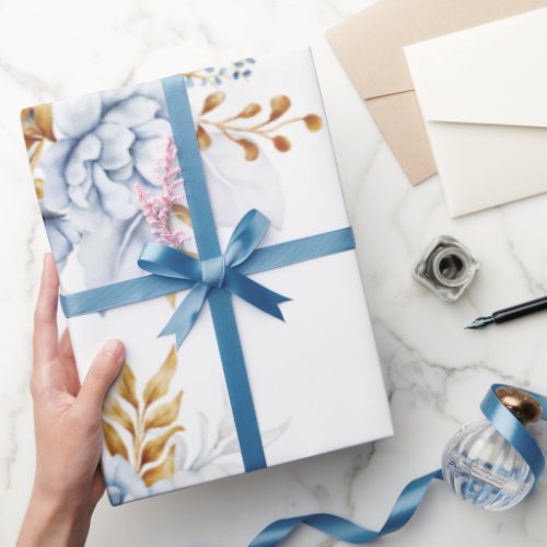 Dusty Blue White Gold Floral Wedding Wrapping Paper