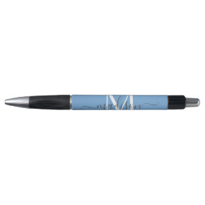 Dusty Blue White Gray Monogram Script Name Stylish Pen