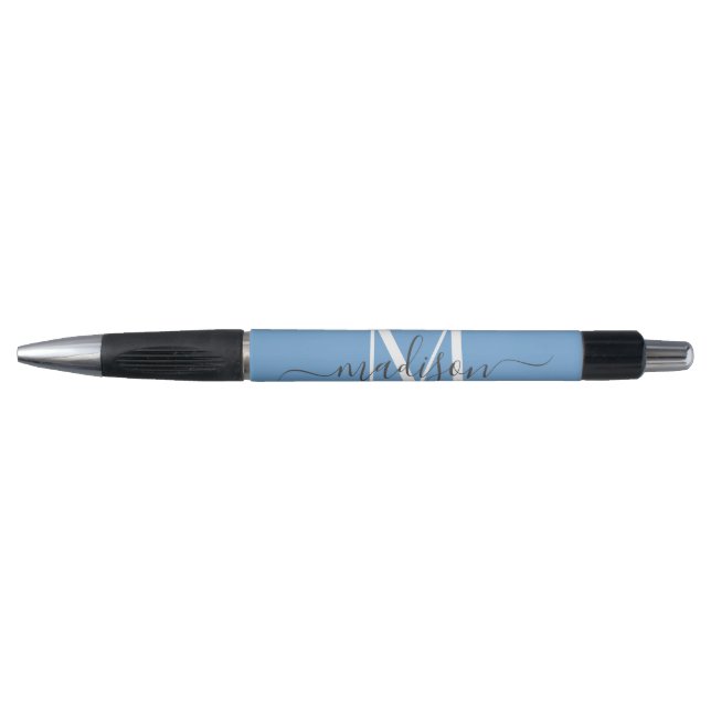 Dusty Blue White Gray Monogram Script Name Stylish Pen (Front)