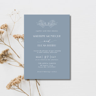 Dusty Blue White Holly Tree Leaves Clean Wedding Invitation