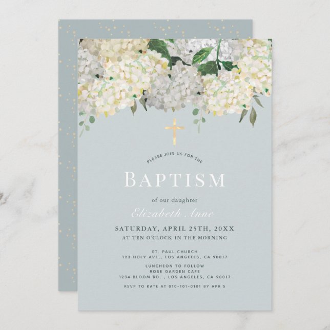 Dusty Blue & White Hydrangea Baptism Invitation (Front/Back)