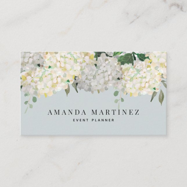 Dusty Blue & White Hydrangea Social Media Business Card (Front)
