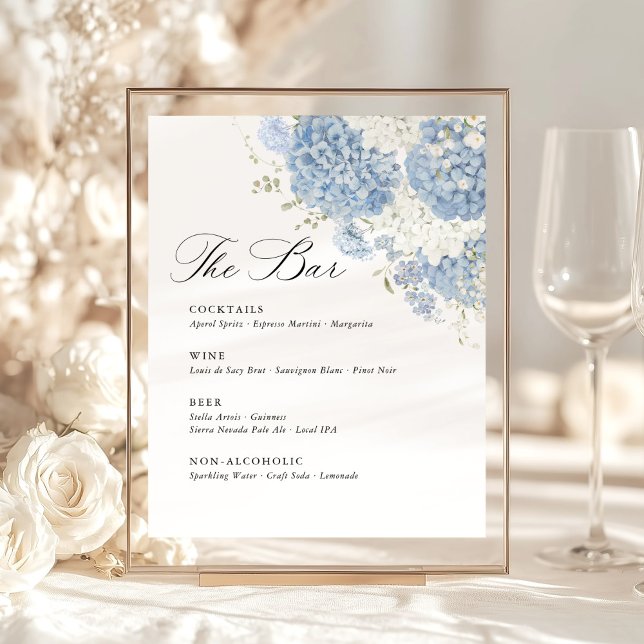 Dusty Blue White Hydrangea Wedding Bar Menu Pedestal Sign (Dusty blue white floral wedding sign bar menu, hydrangea watercolor gold frame sign, soft indoor)