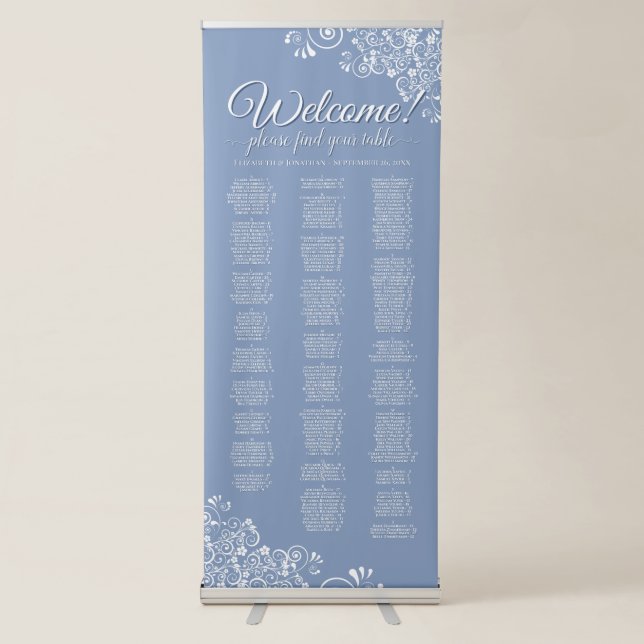 Dusty Blue & White Lace Alphabetical Seating Chart Retractable Banner (Front)