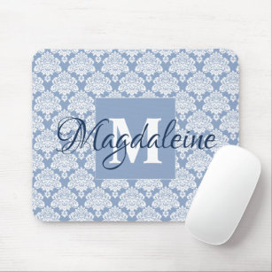 Dusty Blue & White Lacy Damask Monogram & Name Mouse Pad