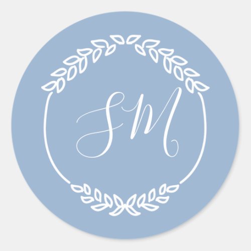 Dusty Blue White Leaf Wreath Monogram Wedding Classic Round Sticker