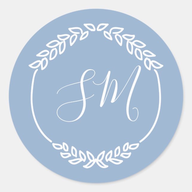 Dusty Blue White Leaf Wreath Monogram Wedding Classic Round Sticker (Front)