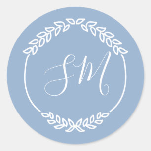 Dusty Blue White Leaf Wreath Monogram Wedding Classic Round Sticker