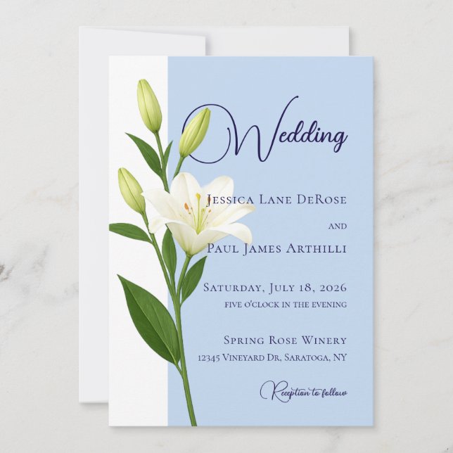 Dusty Blue White Lilly Wedding Invitation (Front)
