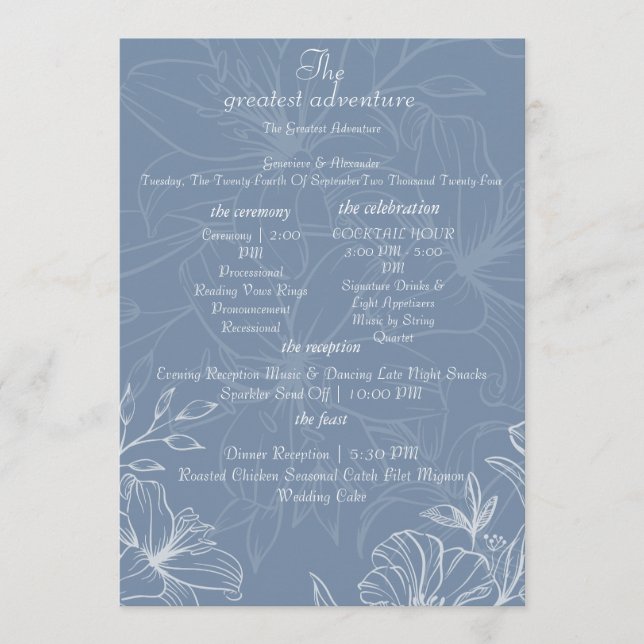 Dusty Blue White Lily Floral Wedding Program Cards (Front)