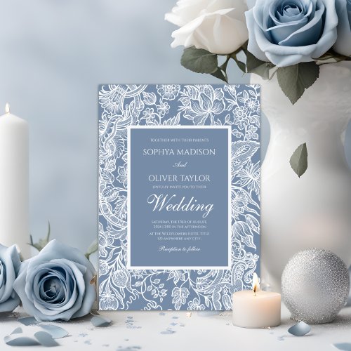 Dusty Blue White Line Art Floral Botanical  Invitation