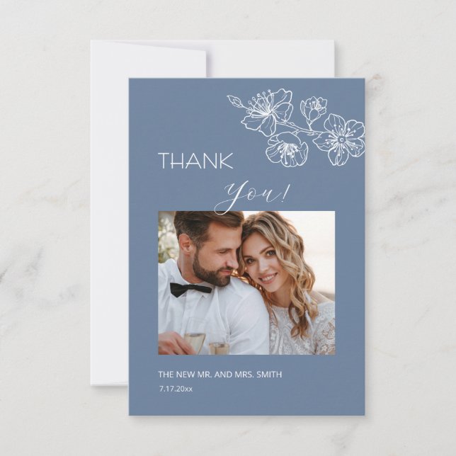 Dusty Blue White Line Art  Flowers Thank You Card (Front)