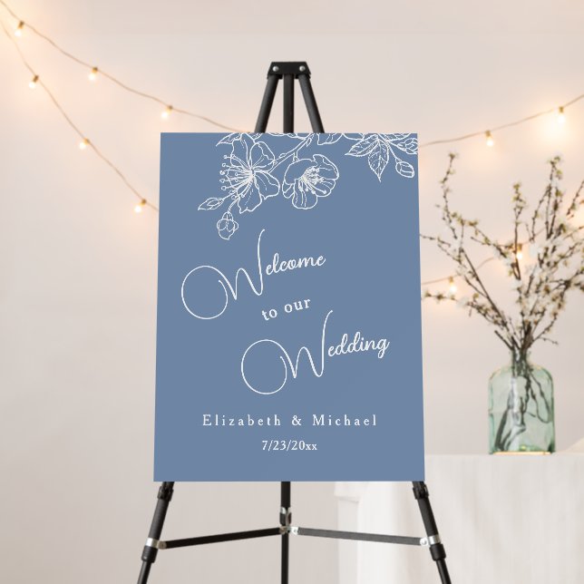 Dusty Blue White Line Art | Wedding Welcome Foam Board (In Situ (Stand))