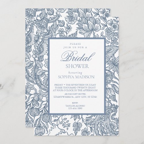 Dusty Blue  White Line Art Wildflowers Floral Invitation