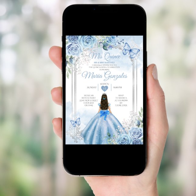 Dusty Blue & White Mis Quince 15 Anos Silver Crown Invitation (Front Digital)