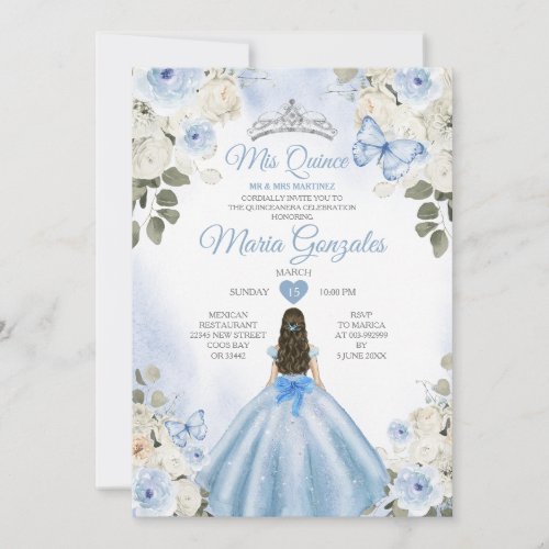 Dusty Blue  White Mis Quince 15 Anos Silver Crown Invitation