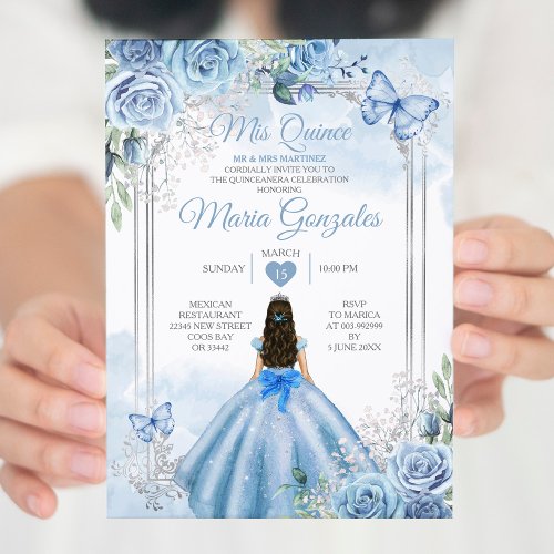 Dusty Blue  White Mis Quince 15 Anos Silver Crown Invitation