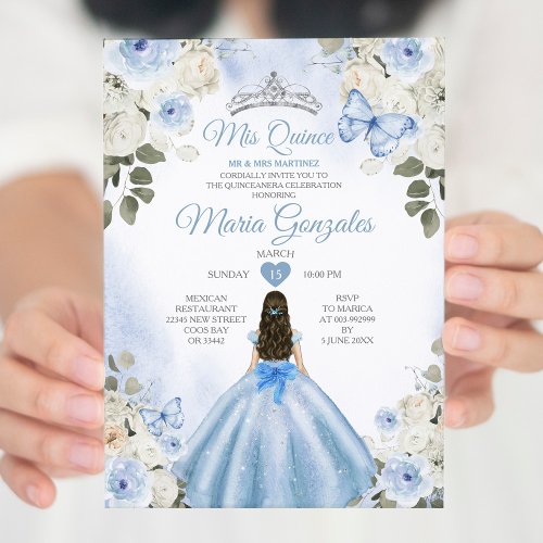 Dusty Blue  White Mis Quince 15 Anos Silver Crown Invitation
