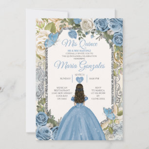 Dusty Blue & White Mis Quince 15 Anos Silver Crown Invitation