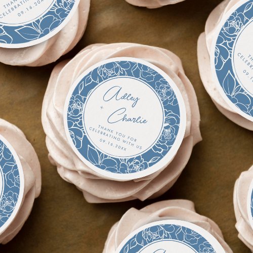 Dusty Blue White Modern Botanical Wedding Cupcake Edible Frosting Rounds