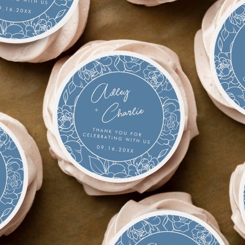 Dusty Blue  White Modern Botanical Wedding Favor Edible Frosting Rounds