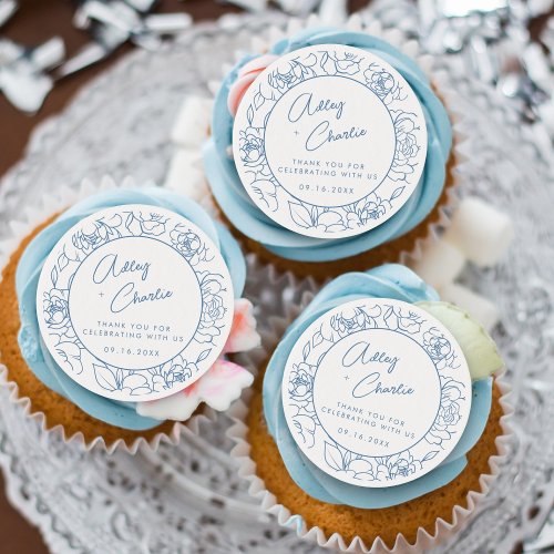 Dusty Blue  White Modern Botanical Wedding Favor Edible Frosting Rounds