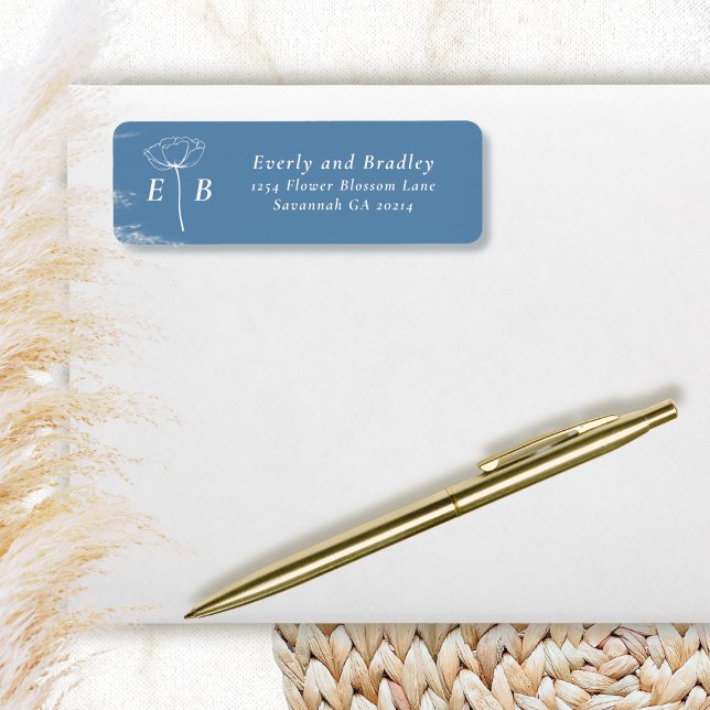 Dusty Blue White Monogram Floral Accent Address Label (Creator Uploaded)
