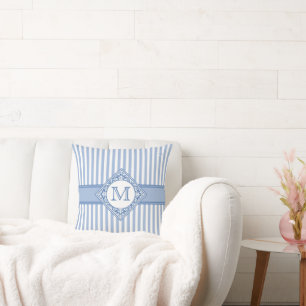 Dusty Blue White Monogram Initial Stripe Pattern Throw Pillow
