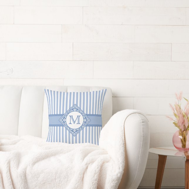 Dusty Blue White Monogram Initial Stripe Pattern Throw Pillow (Couch)