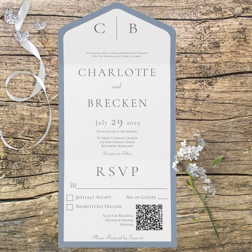 Dusty Blue  White Monogram Minimal QR Code All In One Invitation