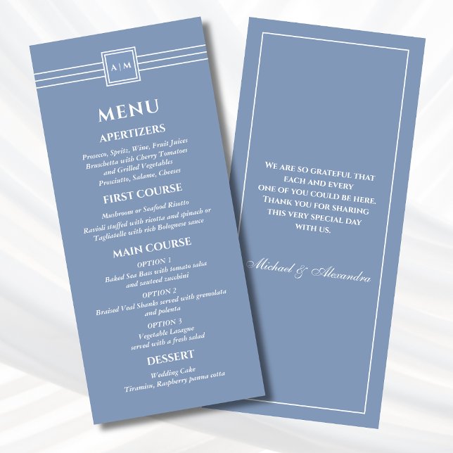 Dusty Blue White Monogram Modern Wedding Menu (Creator Uploaded)