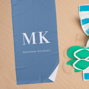 Dusty blue white monogram name initials beach towel