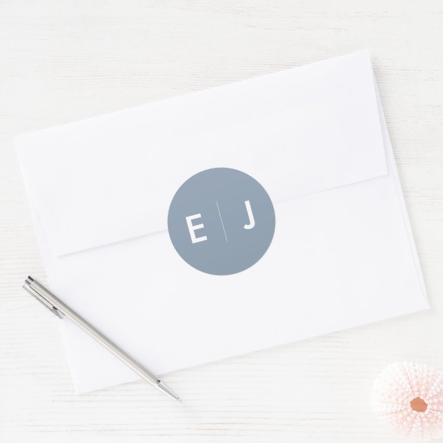 Dusty Blue & White Monogram Wedding Classic Round Sticker (Envelope)