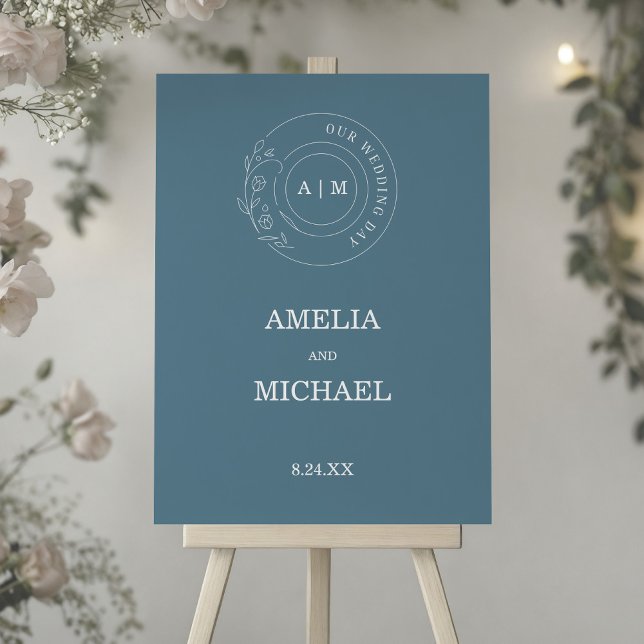 Dusty Blue & White Monogram Wedding  Foam Board (Dusty Blue and White Elegant Monogram Wedding Sign)